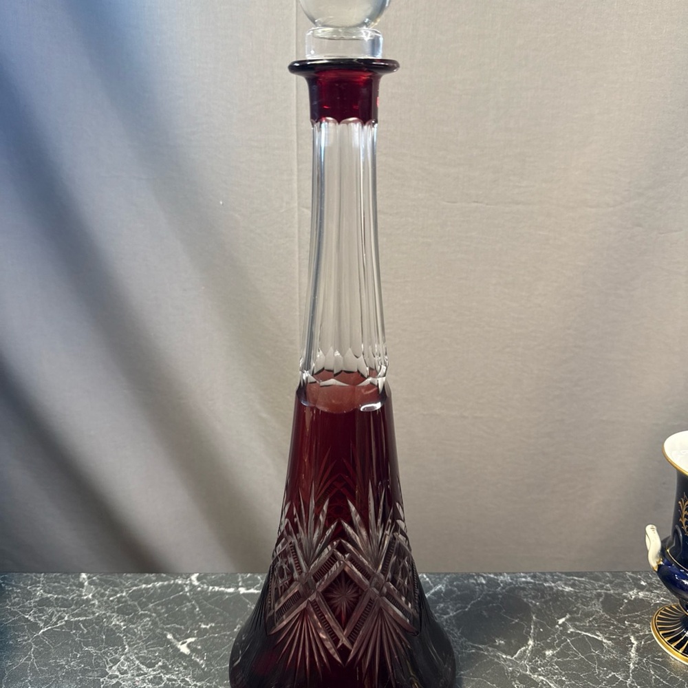 Vintage Bohemian Cranberry to Clear Cut Glass Crystal Decanter with Stopper - Picture 4 of 10